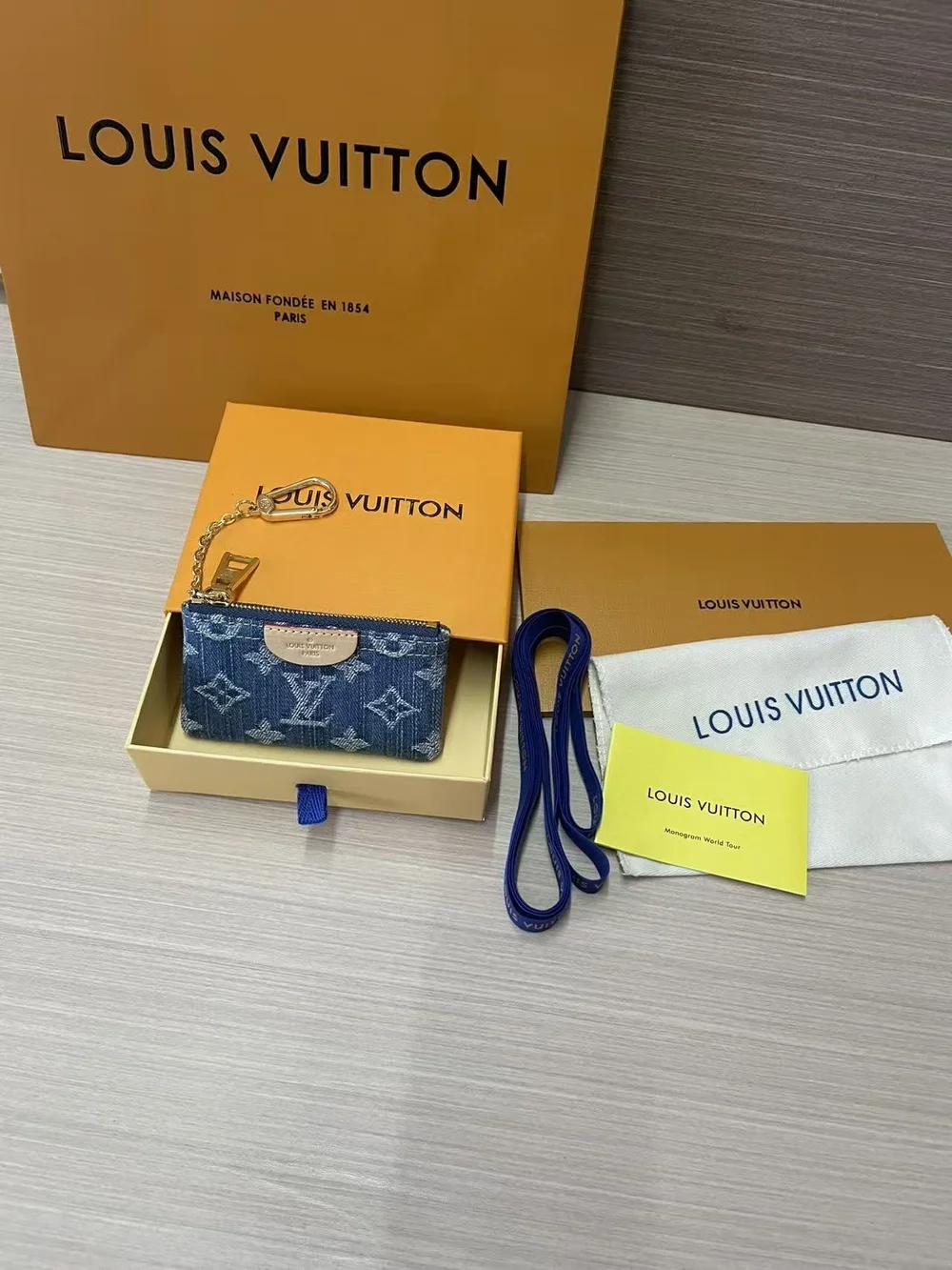 Louis Vuitton Blue Monogram Denim Key & Card Holder with Gold Chain
